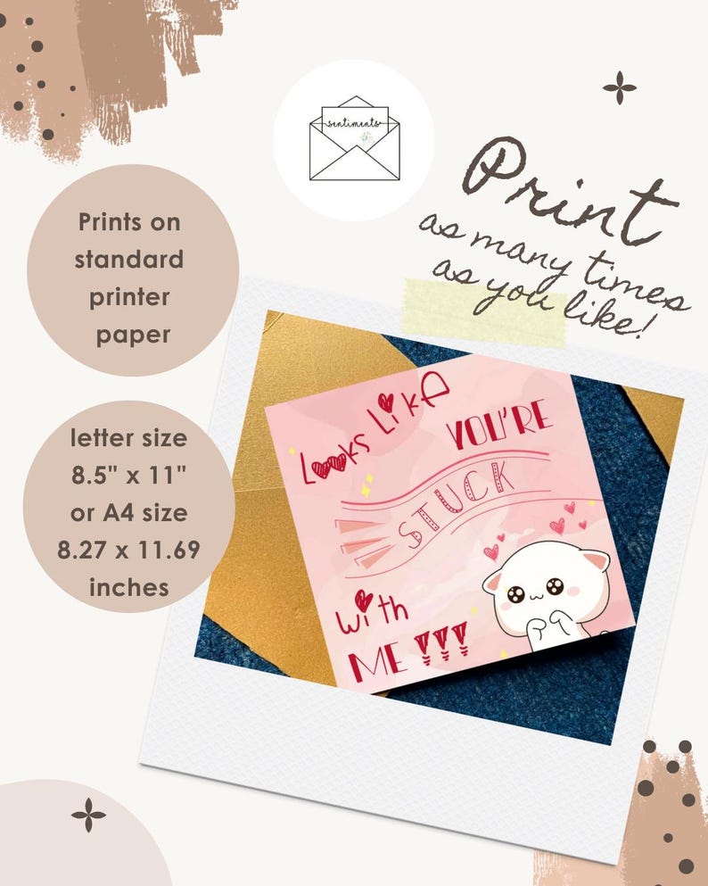 Tarjeta divertida de San Valentín imprimible, Tarjeta de aniversario "Atrapado conmigo", Tarjeta de felicitación de amor con un lindo gato para esposo o novio, Descarga digital, Tarjeta cuadrada imagen 2