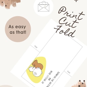 May include: A white card featuring a cartoon illustration of two characters hugging, set against a yellow oval. The card includes the text "Thank you for holding on and never letting go." The words "Print, Cut, Fold" are written in brown script.