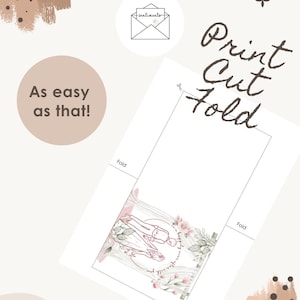 Peut inclure: Carte imprimable avec le texte "Print Cut Fold" en &eacute;criture marron. La carte pr&eacute;sente un motif floral avec une illustration de couple et les mots "As easy as that!" dans une bulle de texte circulaire.