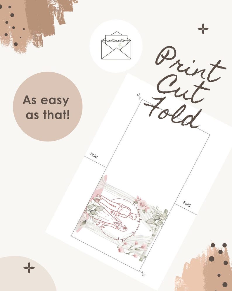 Peut inclure: Carte imprimable avec le texte "Print Cut Fold" en &eacute;criture marron. La carte pr&eacute;sente un motif floral avec une illustration de couple et les mots "As easy as that!" dans une bulle de texte circulaire.