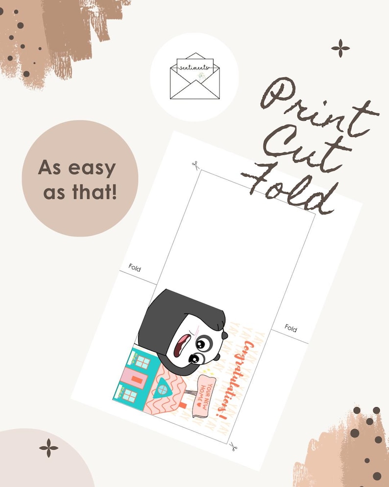 Puede incluir: Una plantilla de tarjeta de felicitaci&oacute;n imprimible con un panda de dibujos animados junto a una ilustraci&oacute;n de una casa y el texto Congratulations! Your New Home. El dise&ntilde;o incluye l&iacute;neas de corte y pliegue, con el texto Print Cut Fold y As easy as that!