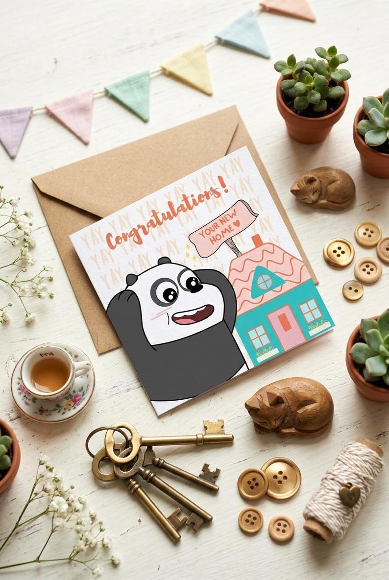 ¡Felicidades por tu nuevo hogar! Tarjeta imprimible con un lindo panda para celebrar una nueva casa. Regalo divertido para amigos y parejas. Descarga digital. imagen 2