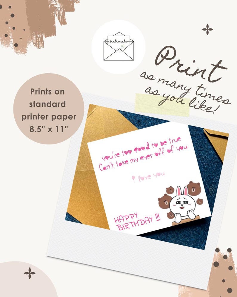 Puede incluir: Una tarjeta blanca con un conejito y osos de dibujos animados, con el texto "Happy Birthday!!!" y "I love you." La tarjeta est&aacute; impresa en papel de impresora est&aacute;ndar de 21,6 cm x 27,9 cm. La imagen tambi&eacute;n incluye el texto "&iexcl;Imprime tantas veces como quieras!"