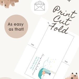 May include: A printable greeting card with the text "Print Cut Fold" and "As easy as that!". The card features an illustration of a baby and the words "Congratulations on the birth of your little bundle of joy."
