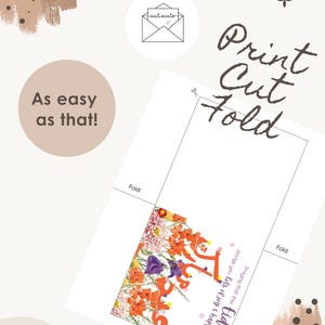 Op de afbeelding: Een witte kaart met de woorden "Print Cut Fold" in bruin script. De kaart heeft een bloemenontwerp met oranje en paarse bloemen. Tekst op de kaart luidt "As easy as that!" en "Eid".