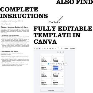 May include: A digital wedding template in Canva, featuring instructions and editable fields for names. The design includes the text "COMPLETE INSTRUCTIONS" and "FULLY EDITABLE TEMPLATE IN CANVA" in a modern style. The template is set to A4 size.