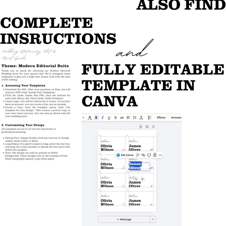 May include: A digital wedding template in Canva, featuring instructions and editable fields for names. The design includes the text "COMPLETE INSTRUCTIONS" and "FULLY EDITABLE TEMPLATE IN CANVA" in a modern style. The template is set to A4 size.