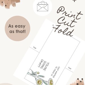 May include: A white card with the text "Print Cut Fold" and "As easy as that!". The card has a floral illustration and the words "You're doing okay?" and "Just wanted to check in".