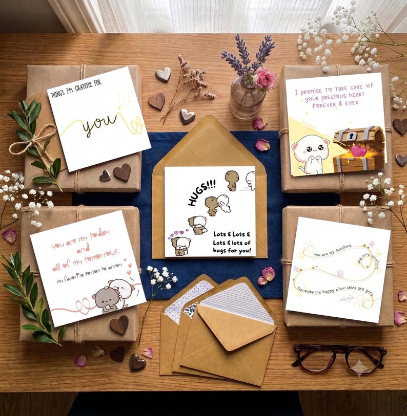 Puede incluir: Una colecci&oacute;n de cinco tarjetas de felicitaci&oacute;n cuadradas con personajes de dibujos animados y textos rom&aacute;nticos, incluyendo frases como 'Things I'm grateful for', 'Hugs', 'I promise to take care of your precious heart' y 'You are my sunshine', dispuestas sobre una superficie de madera.