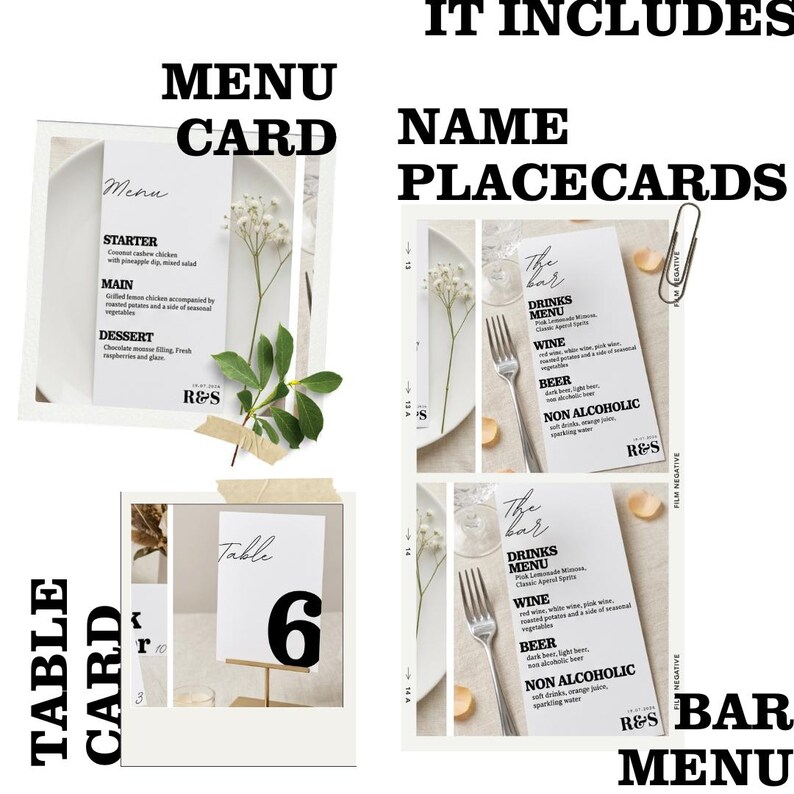 May include: A collection of wedding stationery, including a menu card, name placecards, a table card with the number 6, and a bar menu. The cards are white with black text and are decorated with sprigs of greenery.