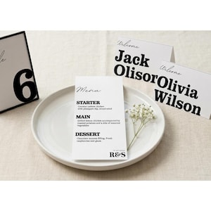 Op de afbeelding: Een witte keramische plaat bevat een menukaart met een bloemige tak. Het menu bevat een voorgerecht, hoofdgerecht en dessert. Welkomstkaarten met namen zijn zichtbaar. Een tafelnr. 6 staat links.