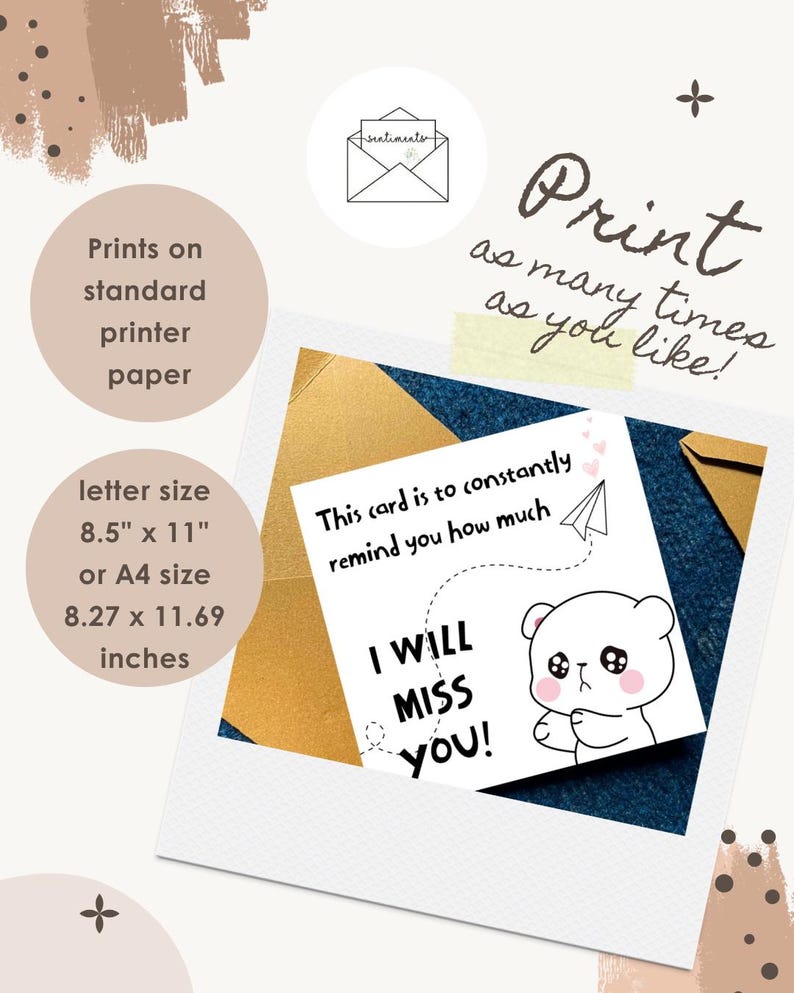 K&ouml;nnte beinhalten: Eine druckbare Gru&szlig;karte mit einem Cartoon-B&auml;ren mit gro&szlig;en Augen und dem Text 'This card is to constantly remind you how much I WILL MISS YOU!' sowie einer Papierflieger-Grafik. Die Karte ist in einem quadratischen Rahmen mit goldenen Umschl&auml;gen abgebildet.