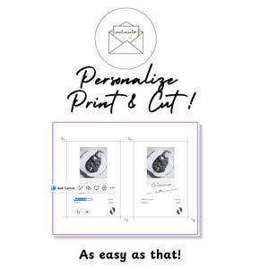 May include: A digital template for a birth announcement card featuring the text Personalize Print & Cut! and As easy as that! The design includes two identical layouts with a black and white photo of a newborn, baby footprints, and text fields.
