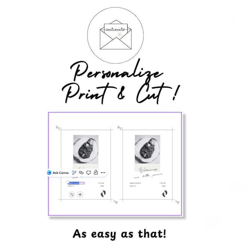 May include: A digital template for a birth announcement card featuring the text Personalize Print & Cut! and As easy as that! The design includes two identical layouts with a black and white photo of a newborn, baby footprints, and text fields.