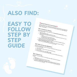 Puede incluir: Un fondo azul claro con el texto "ALSO FIND: EASY TO FOLLOW STEP BY STEP GUIDE". Una hoja de papel blanca con instrucciones est&aacute; en el centro. El texto en el papel dice "Hello and Thank You for Your Purchase!" y "Step 1: Accessing Your Templates."