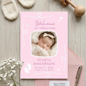 Puede incluir: Una tarjeta rosa de anuncio de nacimiento con el texto "Welcome our little princess" y una foto de un beb&eacute; durmiendo. La tarjeta incluye el nombre del beb&eacute;, la fecha de nacimiento, el peso (3,49 kg) y la longitud (50,8 cm).
