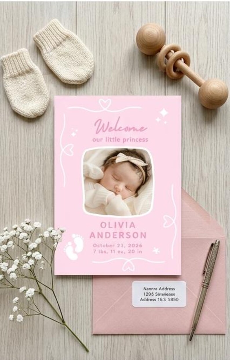 Puede incluir: Una tarjeta rosa de anuncio de nacimiento con el texto "Welcome our little princess" y una foto de un beb&eacute; durmiendo. La tarjeta incluye el nombre del beb&eacute;, la fecha de nacimiento, el peso (3,49 kg) y la longitud (50,8 cm).