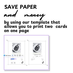 May include: A digital template for printing two cards on one page, featuring the text SAVE PAPER and money by using our template that allows you to print two cards on one page. The design includes two identical birth announcement card layouts.