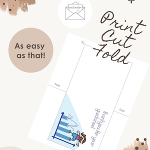 May include: A printable card template featuring the text Print Cut Fold and As easy as that! The design includes a graphic of a person jumping over a blue bar chart with the text thank you for your guidance! and marked fold lines.