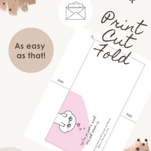 Puede incluir: Una tarjeta de felicitaci&oacute;n imprimible con las palabras "Print Cut Fold" en escritura marr&oacute;n. La tarjeta presenta un personaje de dibujos animados y el texto "I'm soooo glad that you're a part of my life." La frase "As easy as that!" tambi&eacute;n es visible.