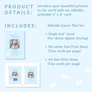 Puede incluir: Tarjeta de anuncio de beb&eacute; imprimible azul claro, 10,16 cm x 15,24 cm, con el texto "Welcome our little prince" y el nombre del beb&eacute; "JAMES OLIVER". Incluye archivos Canva editables para compartir digitalmente y hojas de impresi&oacute;n.