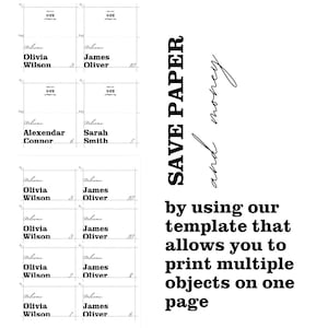 May include: A white template with multiple name tag layouts. The tags include names like Olivia Wilson, James Oliver, Alexendar Connor, and Sarah Smith. Text on the right says "SAVE PAPER and money by using our template that allows you to print multiple objects on one page."