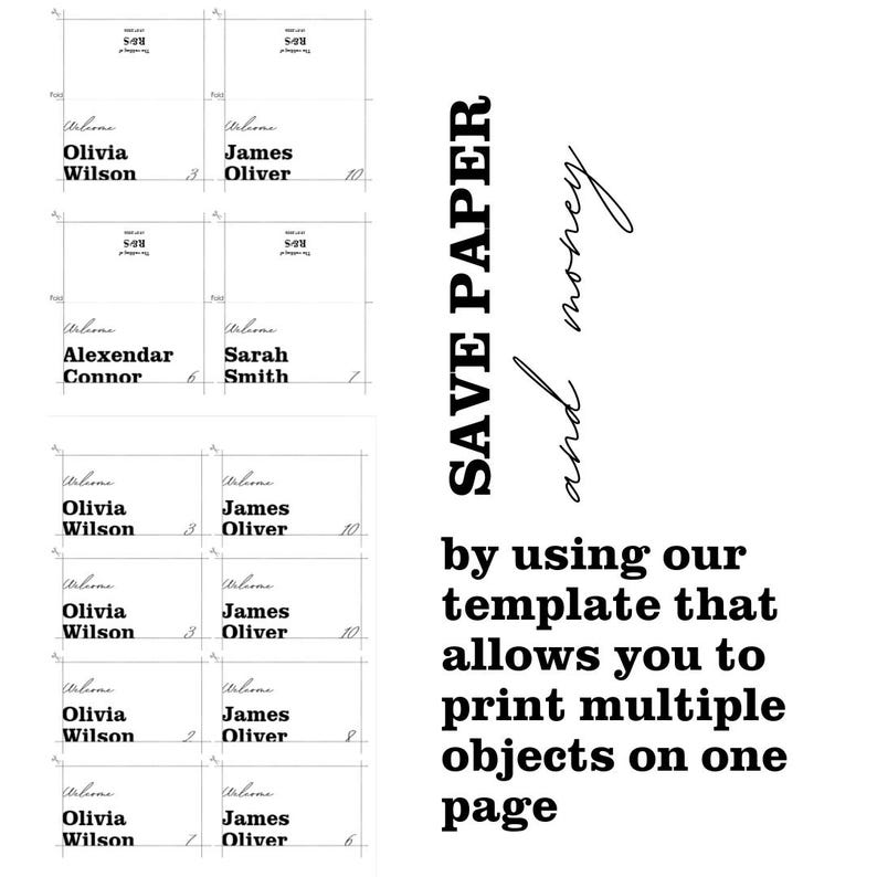 May include: A white template with multiple name tag layouts. The tags include names like Olivia Wilson, James Oliver, Alexendar Connor, and Sarah Smith. Text on the right says "SAVE PAPER and money by using our template that allows you to print multiple objects on one page."