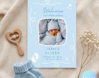 Editable Baby Boy Birth Announcement Card Template Canva, Digital Newborn Welcome Announcement Printable, Custom Birth Stats Card 4x6, Blue