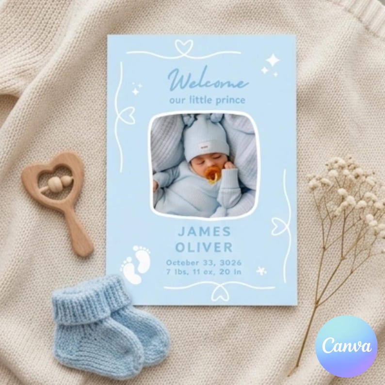 Puede incluir: Una tarjeta de anuncio de nacimiento con una foto de un beb&eacute; reci&eacute;n nacido con un atuendo azul. La tarjeta dice "Bienvenido nuestro peque&ntilde;o pr&iacute;ncipe" e incluye el nombre del beb&eacute;, la fecha de nacimiento, el peso (3,4 kg) y la longitud (50,8 cm).