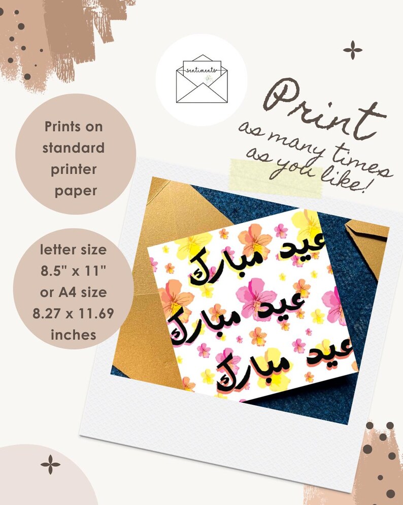 K&ouml;nnte beinhalten: Eine Karte mit Blumenmustern und arabischer Schrift, vor einem braunen und blauen Hintergrund. Die Karte ist in einem Polaroid-Stil gerahmt. Der Text enth&auml;lt "Drucken Sie so oft Sie m&ouml;chten!" und Gr&ouml;&szlig;enangaben in Zoll und A4.