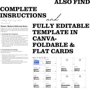 May include: A white background with black text detailing instructions for a Modern Editorial Suite wedding template. The text includes instructions for accessing and customizing the template in Canva for flat cards and foldable designs.