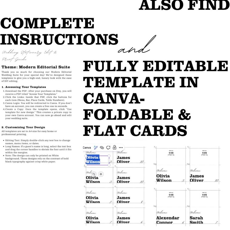 May include: A white background with black text detailing instructions for a Modern Editorial Suite wedding template. The text includes instructions for accessing and customizing the template in Canva for flat cards and foldable designs.