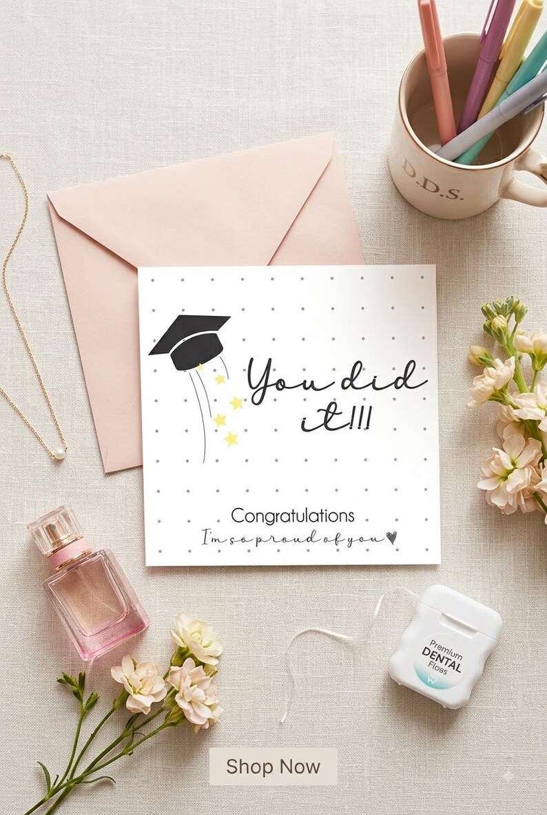 Peut inclure: Une carte de v&oelig;ux carr&eacute;e blanche avec une ic&ocirc;ne de toque de dipl&ocirc;m&eacute; noire, des &eacute;toiles jaunes et le texte "You did it!!! Congratulations I'm so proud of you" avec un c&oelig;ur, sur un fond clair avec une enveloppe rose et des accessoires.