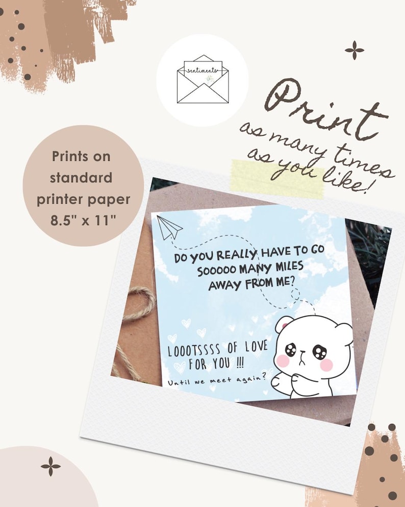 May include: A printable card with a polaroid frame design. The card features a blue sky background with a paper airplane and a cute bear illustration. Text includes "Do you really have to go sooooo many miles away from me?" and "Looootssss of love for you!!!" Prints on A4 paper (21 x 29.7 cm).