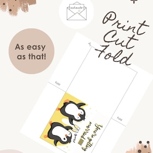 May include: A printable greeting card template featuring two cartoon penguins holding champagne glasses on a yellow background. The text reads "You're getting married! cheers!". The layout includes cut and fold lines, with additional text stating "Print Cut Fold" and "As easy as that!" and an envelope icon.
