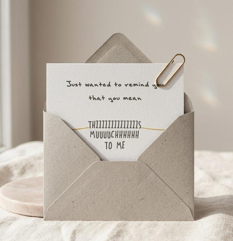 Puede incluir: Una tarjeta de felicitaci&oacute;n en un sobre marr&oacute;n claro. La tarjeta dice: "Just wanted to remind you that you mean THIIIIIIIIIIIIIIIS MUUUUCHHHHHH TO ME." Un clip dorado sujeta la tarjeta. El sobre est&aacute; abierto.