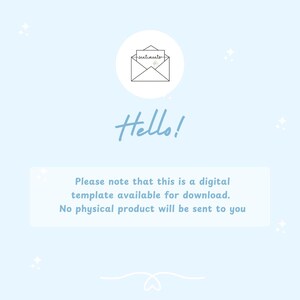 Puede incluir: Anuncio de plantilla digital azul claro con la palabra "Hello!" en cursiva. La imagen incluye un dibujo lineal de un sobre con la palabra "sentiments" y el texto: "Tenga en cuenta que se trata de una plantilla digital disponible para descargar. No se le enviar&aacute; ning&uacute;n producto f&iacute;sico."