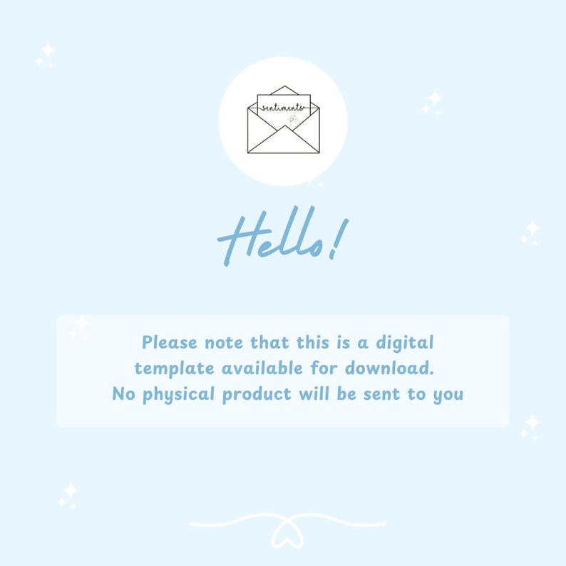 Puede incluir: Anuncio de plantilla digital azul claro con la palabra "Hello!" en cursiva. La imagen incluye un dibujo lineal de un sobre con la palabra "sentiments" y el texto: "Tenga en cuenta que se trata de una plantilla digital disponible para descargar. No se le enviar&aacute; ning&uacute;n producto f&iacute;sico."