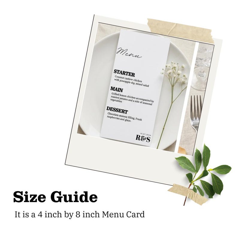 Op de afbeelding: Een menukaart, 10 cm bij 20 cm, met een minimalistisch ontwerp. Het menu bevat een voorgerecht, hoofdgerecht en dessert. Het menu ligt op een wit bord met een takje bloemen en een vork. Het menu is bovenaan gemarkeerd met "Menu".