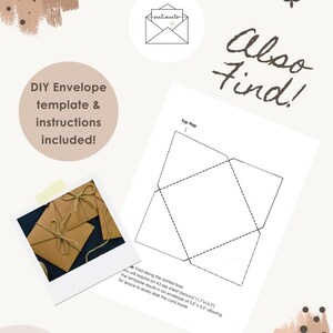 May include: DIY envelope template and instructions included. The image shows a polaroid photo of brown envelopes tied with twine. A diagram of an envelope template is also shown, with the text "Top Flap".