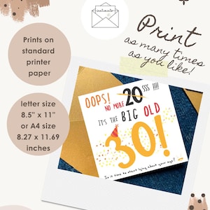 May include: A birthday greeting card featuring the text OOPS! NO MORE 20 SSS!!!! IT'S THE BIG OLD 30! Is it time to start lying about your age? The card has a large yellow number 30 with a party hat and confetti. It is shown with a gold envelope.