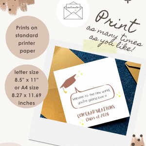May include: A graduation announcement with a mortarboard illustration and the text "Welcome to the new world, you're gonna love it." The announcement is letter size, 8.5" x 11", and can be printed on standard printer paper.