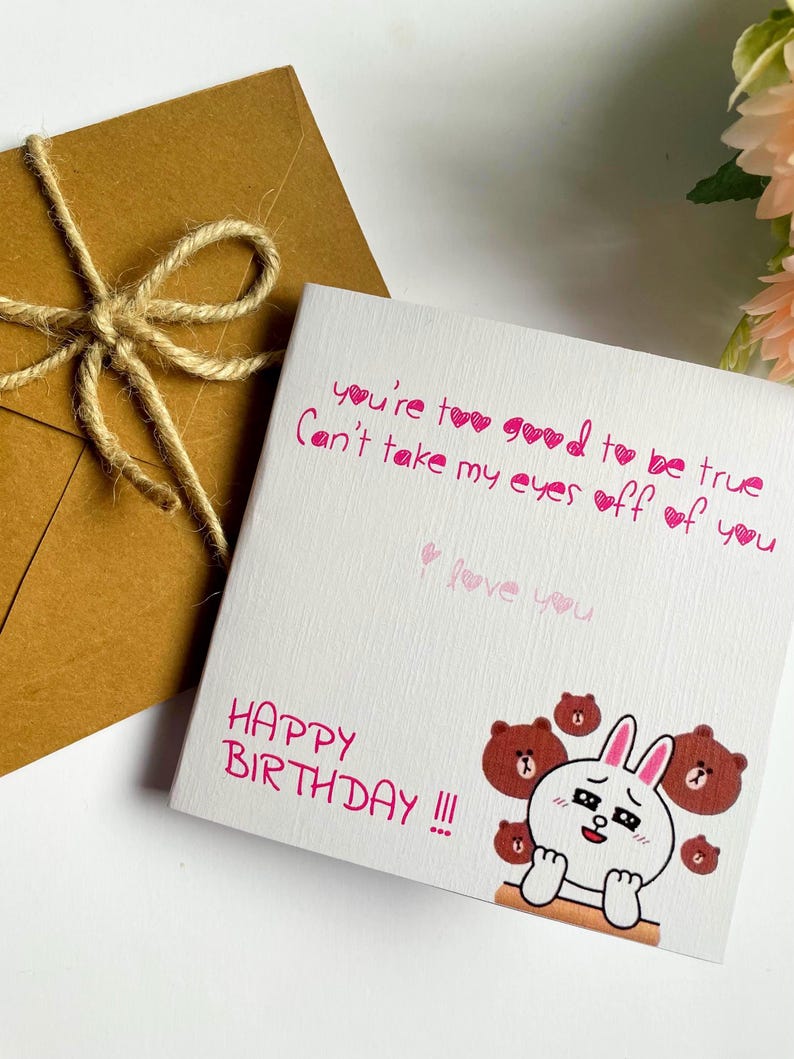 Tarjeta de cumpleaños romántica imprimible para esposo, esposa, novia, él, ella. Tarjeta de amor rosa con osito de peluche demasiado buena para ser verdad. Descarga instantánea. imagen 2