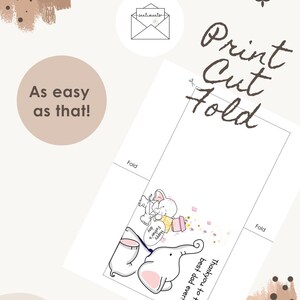 May include: A printable greeting card template featuring two cartoon elephants, one holding a sign that says Happy Father's day and the other with text that reads Thank you to the best dad ever! The page includes Print Cut Fold text and fold lines.