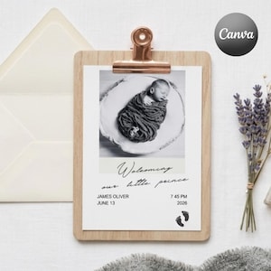 Minimalist Birth Announcement Template Canva, Gender Neutral Baby Announcement Digital Modern Polaroid Baby Card Printable Editable Text 4x6 image 1