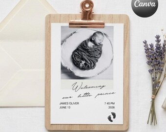 Plantilla minimalista para anuncio de nacimiento en Canva, anuncio de bebé de género neutro, tarjeta digital moderna tipo Polaroid para bebé, texto editable imprimible, 4x6