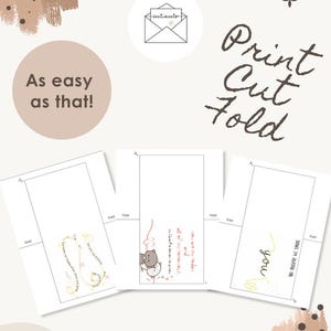 Puede incluir: Tres plantillas de tarjetas imprimibles en papel blanco con l&iacute;neas de corte y pliegue. El texto dice 'Print Cut Fold', 'As easy as that!' y 'sentiments'. Las tarjetas incluyen ilustraciones de gatos, corazones y texto como 'THINGS I'M GRATEFUL FOR'.