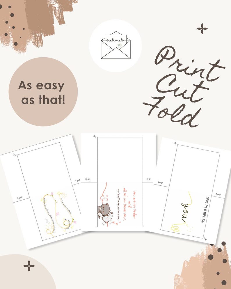 Puede incluir: Tres plantillas de tarjetas imprimibles en papel blanco con l&iacute;neas de corte y pliegue. El texto dice 'Print Cut Fold', 'As easy as that!' y 'sentiments'. Las tarjetas incluyen ilustraciones de gatos, corazones y texto como 'THINGS I'M GRATEFUL FOR'.