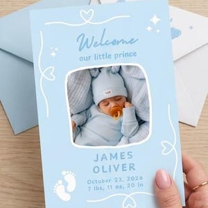 Puede incluir: Tarjeta de anuncio de nacimiento azul claro con el texto "Welcome our little prince". La tarjeta presenta una foto de un beb&eacute; dormido con ropa y gorro azules. Tambi&eacute;n incluye el nombre, la fecha de nacimiento, el peso y la longitud del beb&eacute;.