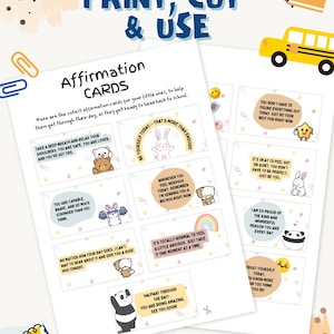 May include: Two printable pages of affirmation cards featuring cartoon animals and encouraging text. The cards include phrases like 'You are capable, brave' and 'Trust yourself today' alongside illustrations of a panda, rabbit, and bear.